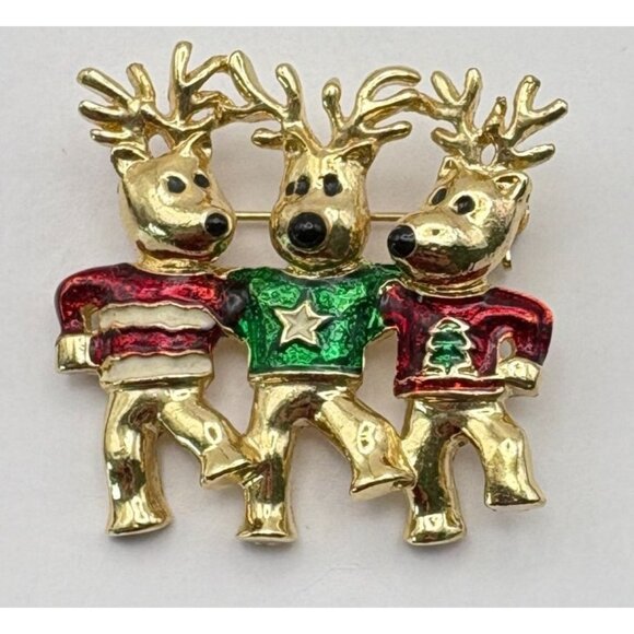 Dancing Reindeer Trio Christmas Brooch Gold Tone Pin Red Green Enamel Sweaters - Picture 5 of 6